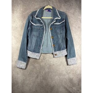 Johnny Girl Denim Jacket Womens Large Blue Tweed Trim Y2K Embroidered Stretch
